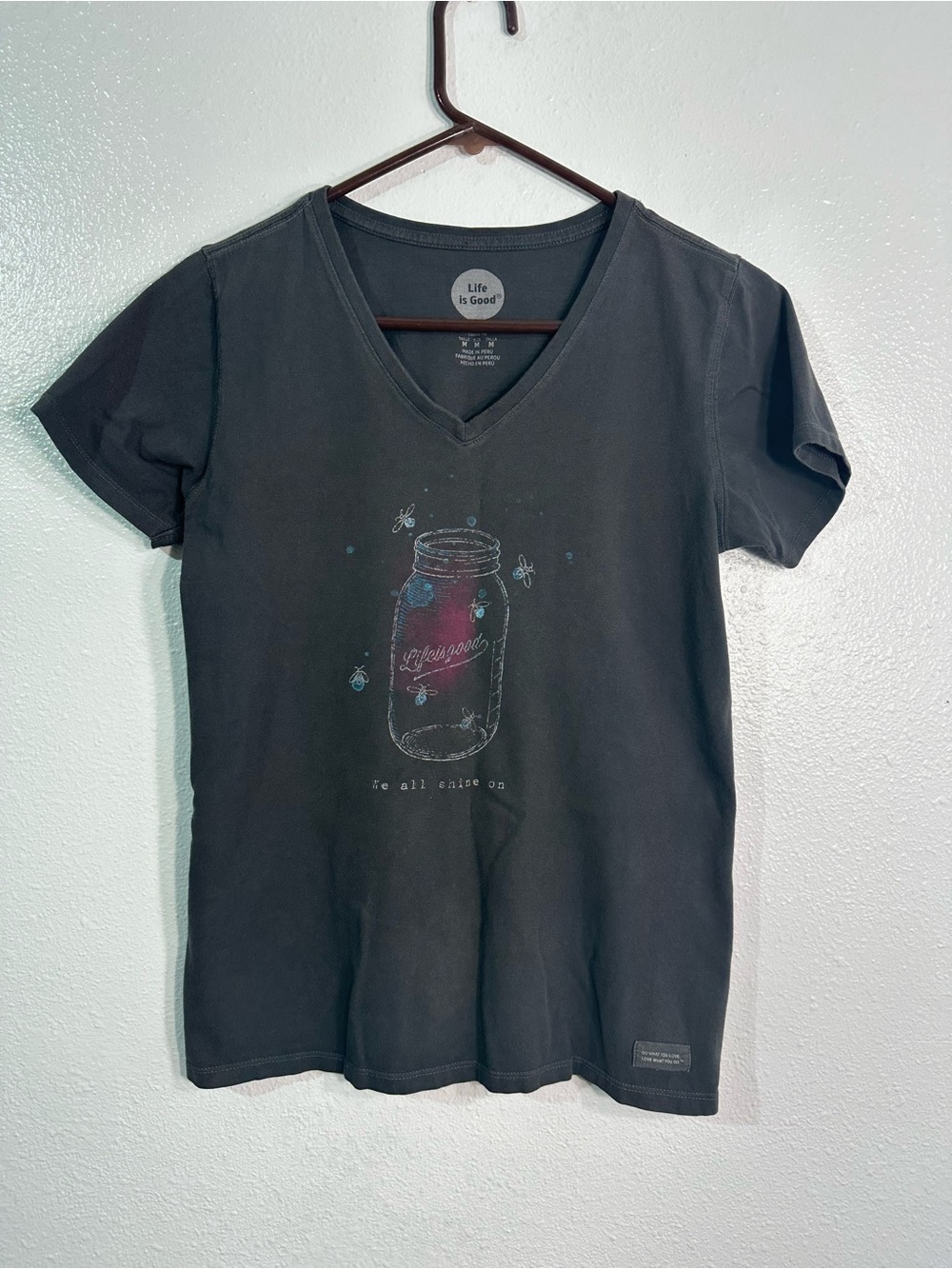 Life Is Good Black V-Neck Tee with Mason Jar Fireflies Graphic